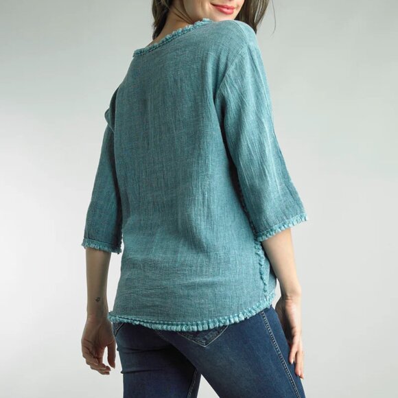 Tempo Paris Fringed Edge Linen Pullover Top M - Picture 4 of 15